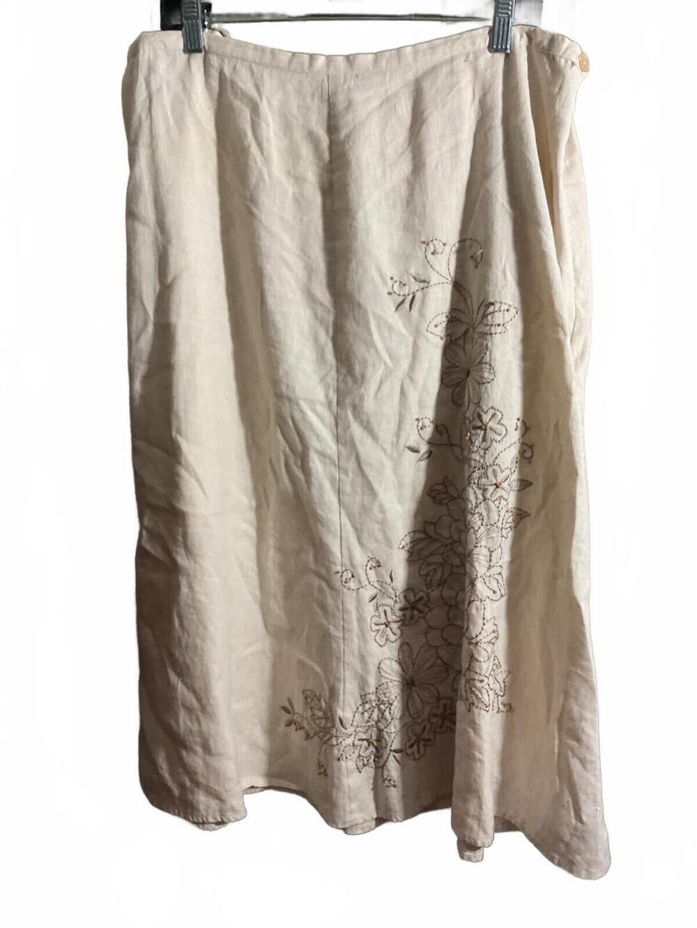 JM Collection Cream Linen Skirt with Brown Floral Embroidery Sz. 18